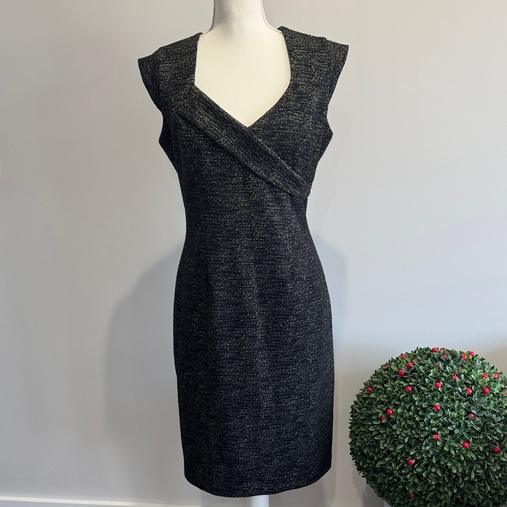 Joseph Ribkoff Black Textured Cap-Sleeve Midi Sheath Dress Sz 12